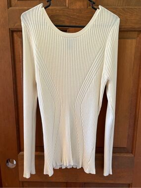 Lane Bryant Cream Ribbed Long-Sleeve Scoop Neck Top